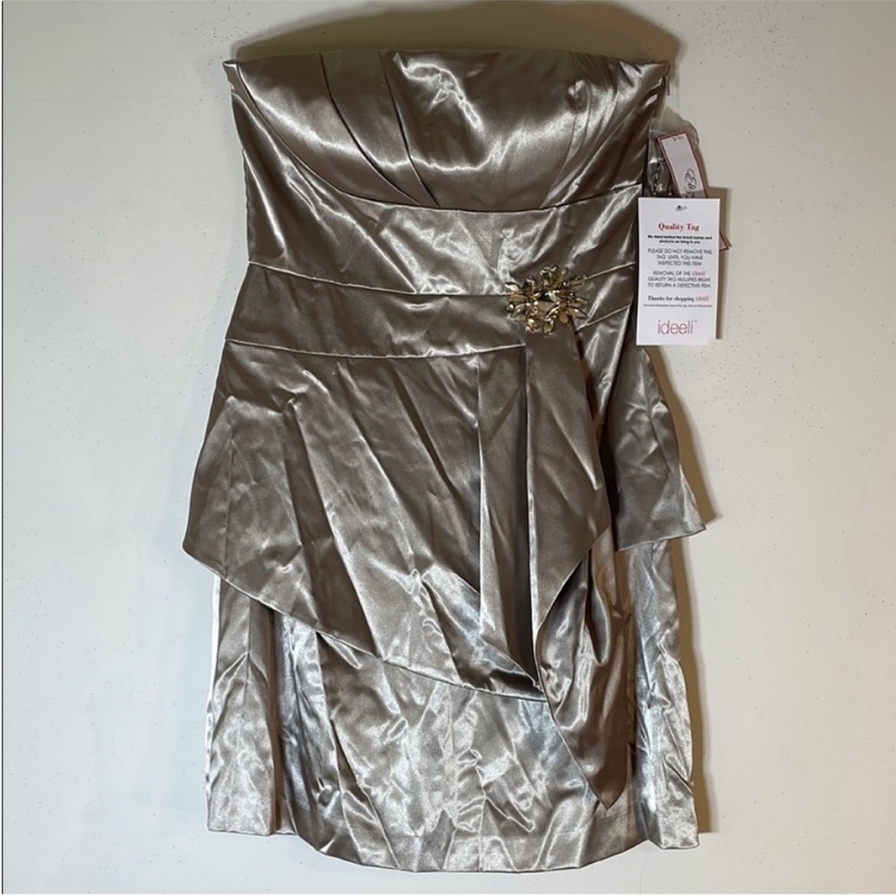 Eliza J Crystal Brooch Strap/Strapless Metallic Satin Cocktail Dress. 10. NWT.